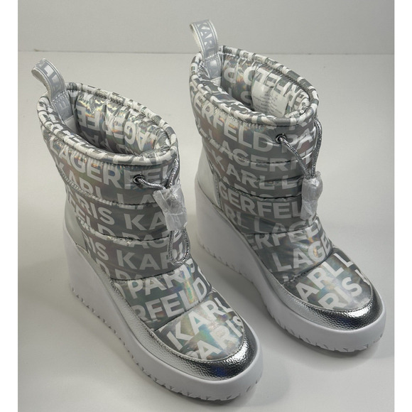 KARL LAGERFELD Paris Bronwyn Wedge Quilted Boot Silver Iridescent Womens 7.5M - Picture 1 of 15